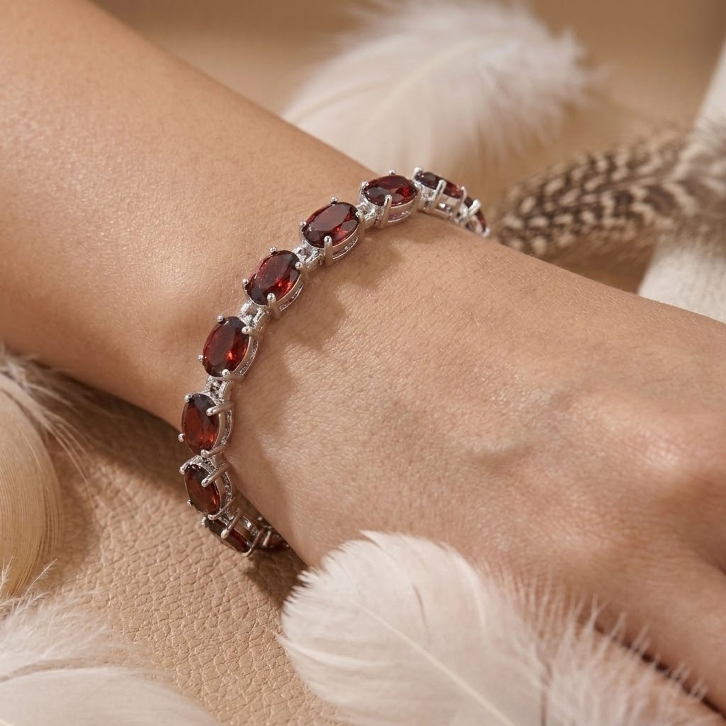 Natural Garnet Oval Tennis Bracelet in 925 Sterling Silver – Handmade Red Gemstone Jewelry