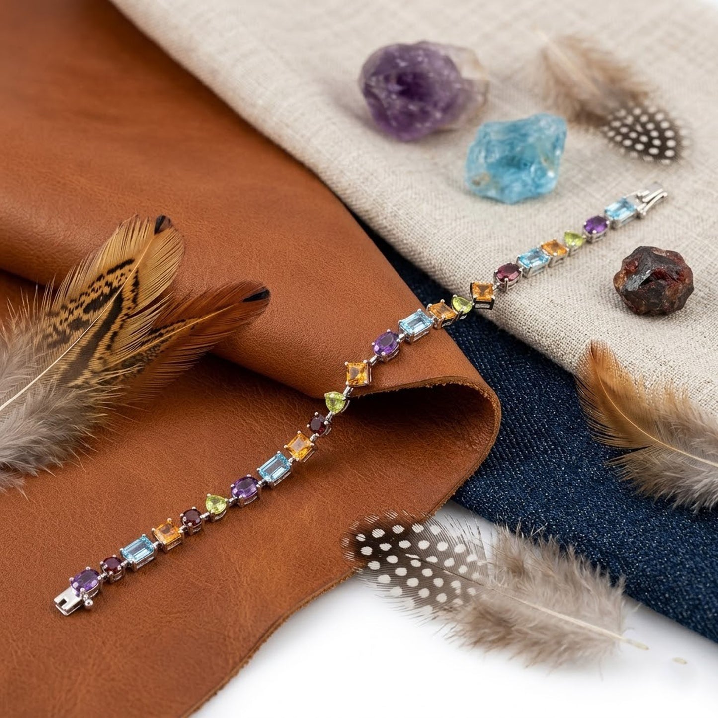 Natural Multi Gemstone Link Bracelet – Handmade Multi-Shape Colorful Jewelry