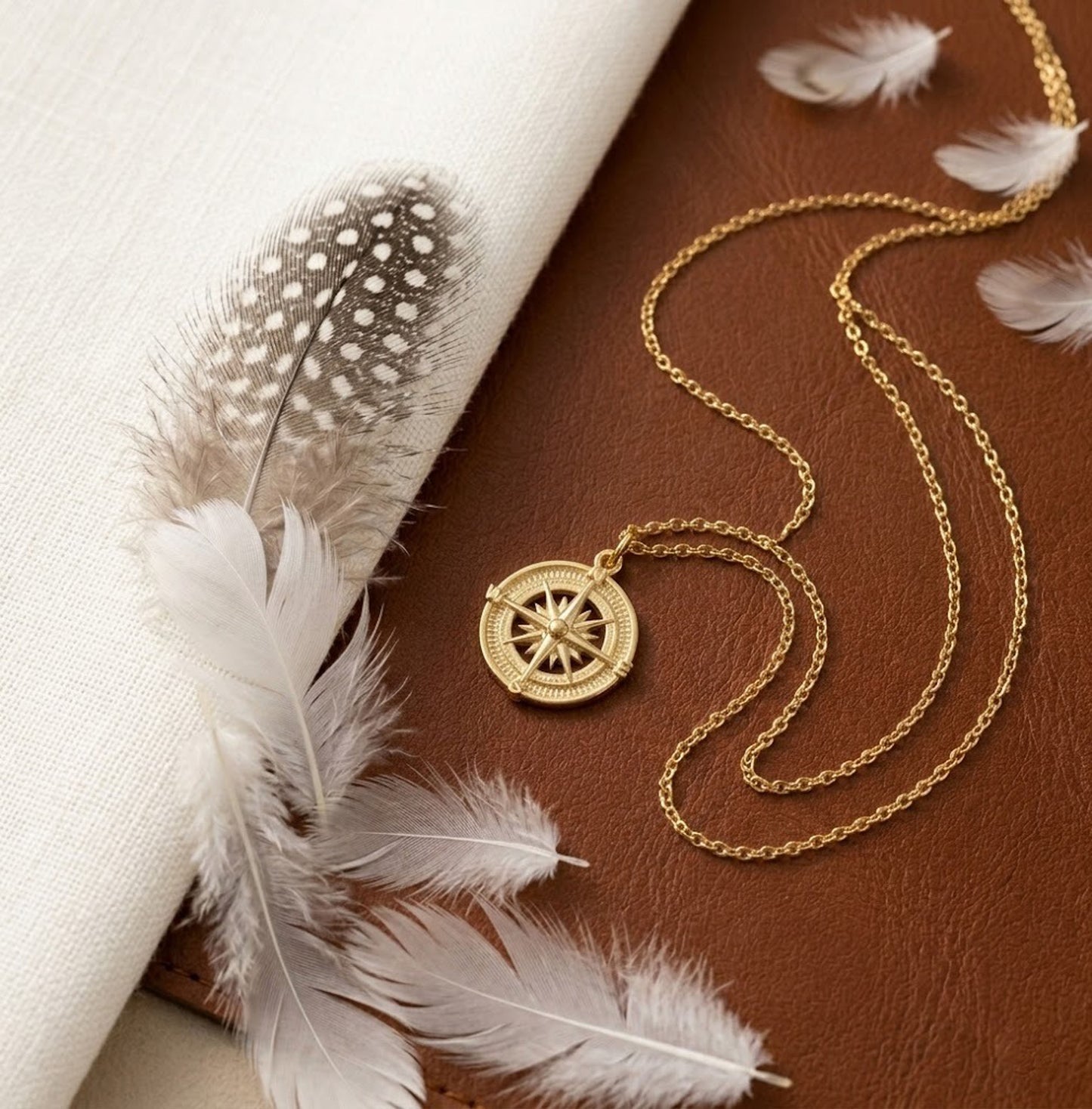 Handmade 18K Gold Compass Necklace – Vintage Nautical Medallion Pendant for Women