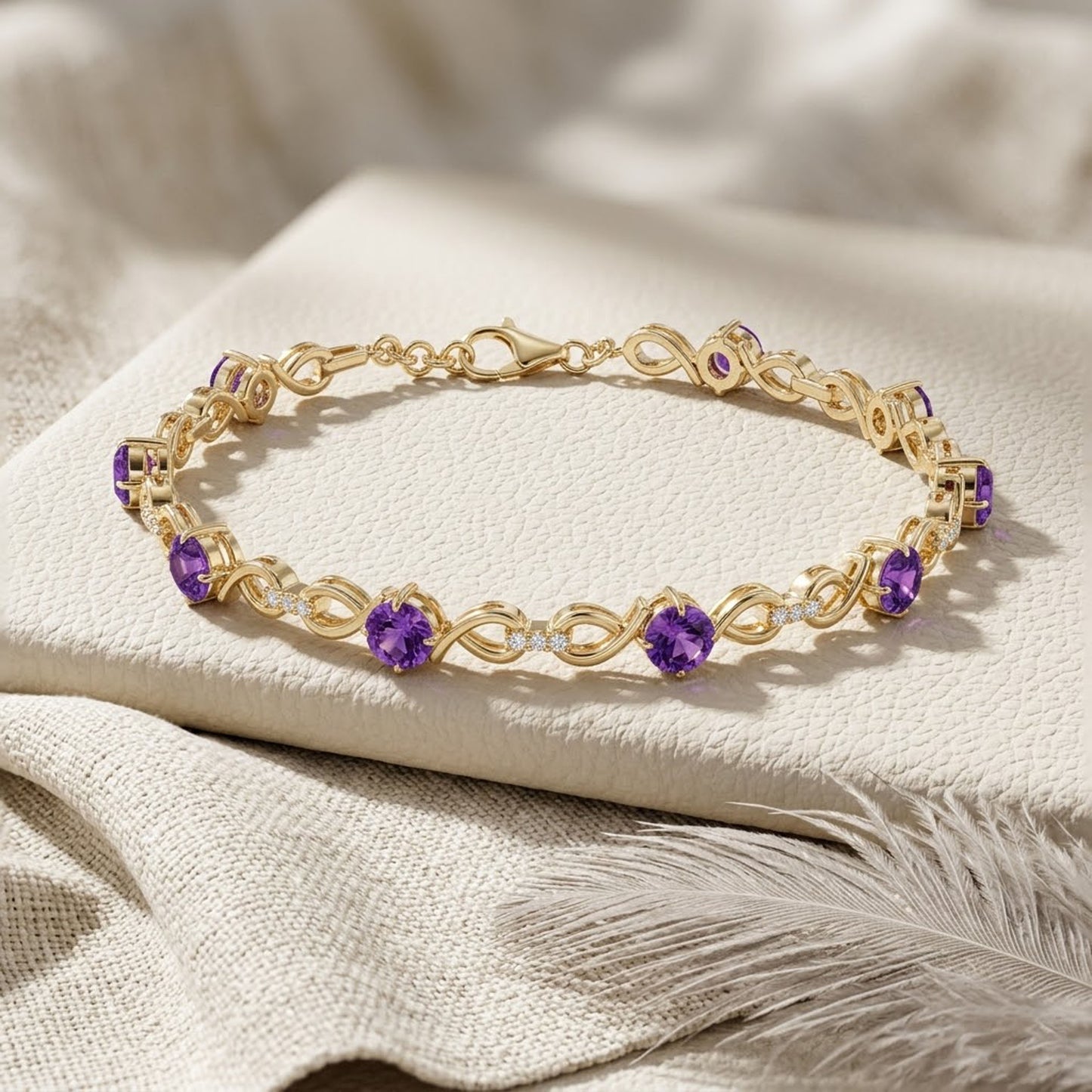 Natural Amethyst & Moissanite Infinity Link Bracelet – Elegant Gemstone Jewelry for Women