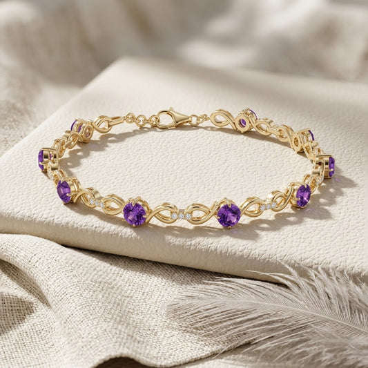 Natural Amethyst & Moissanite Infinity Link Bracelet – Elegant Gemstone Jewelry for Women