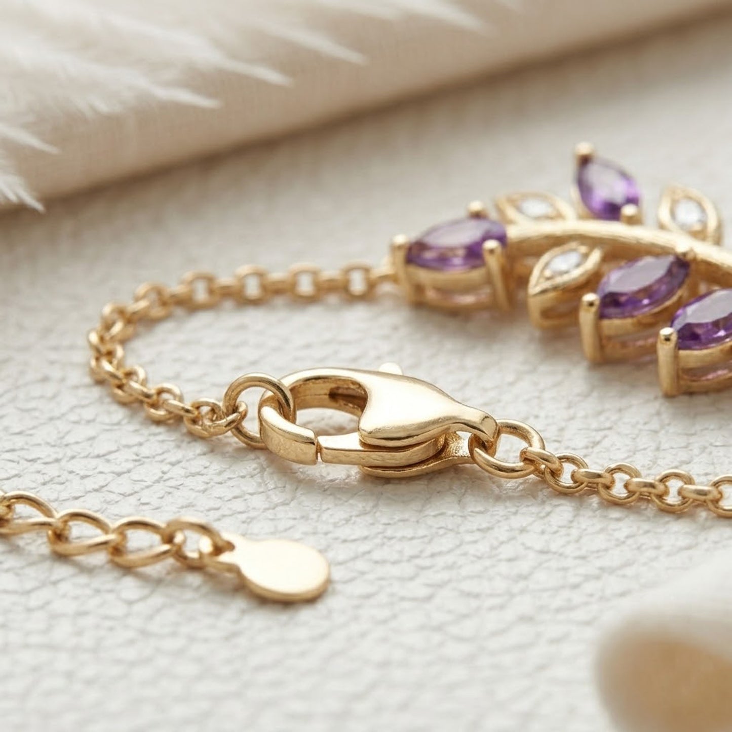 Natural Amethyst & Moissanite Leaf Bracelet – Olive Branch Gemstone Jewelry for Women