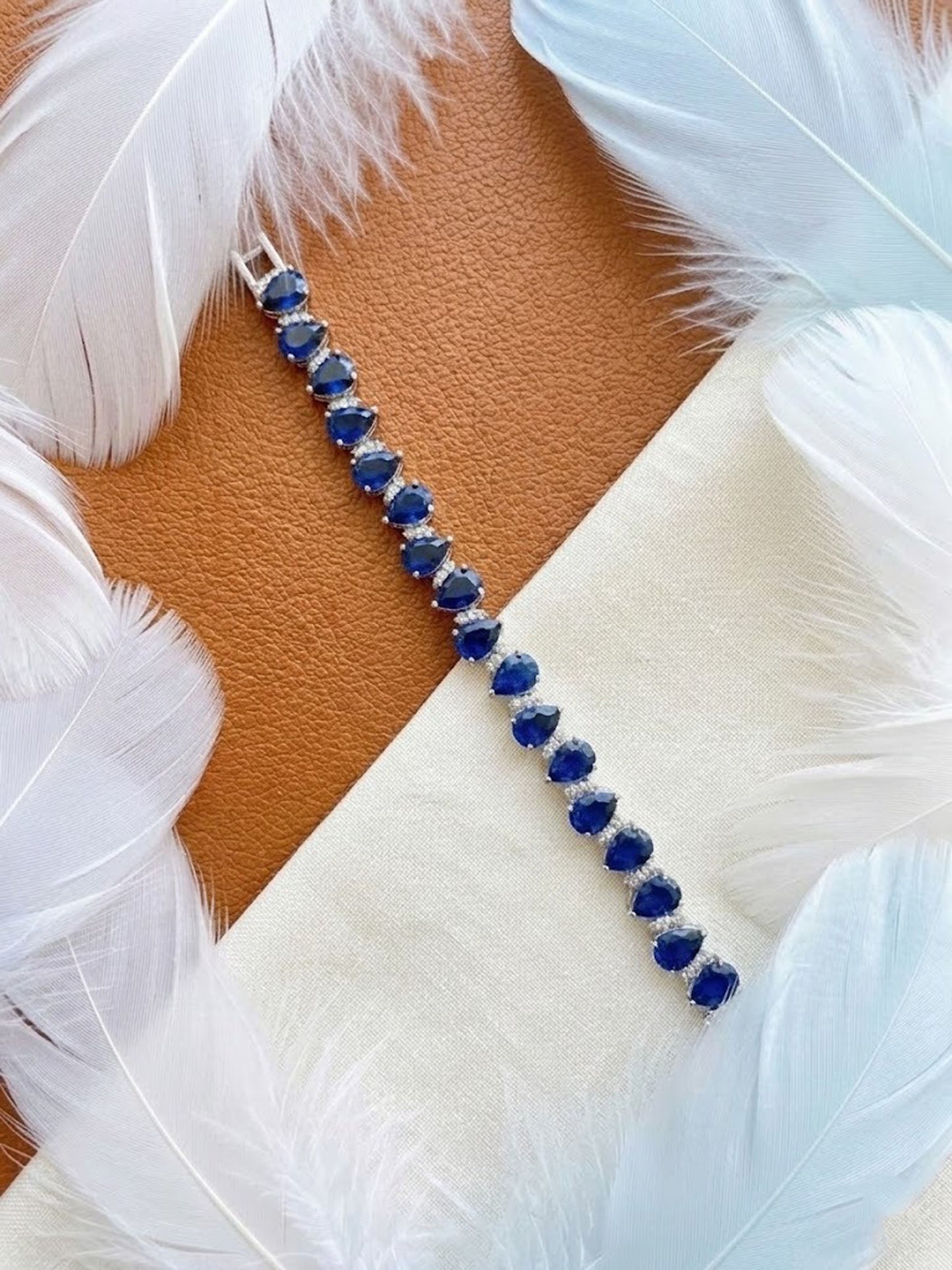 Natural Blue Sapphire & Moissanite Bracelet – Pear Cut Tennis Bracelet for Women