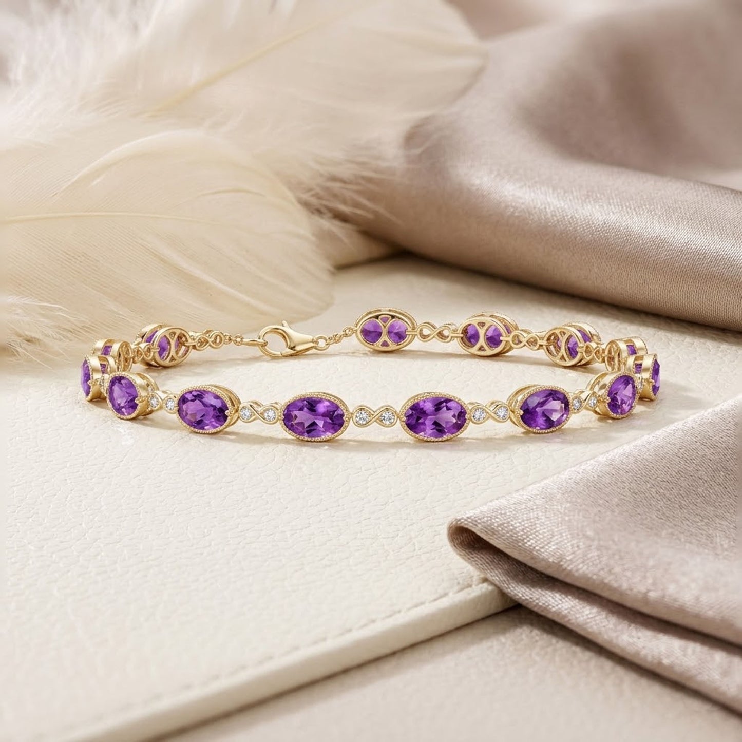 Natural Amethyst & Moissanite Link Bracelet – Purple Gemstone Jewelry for Women