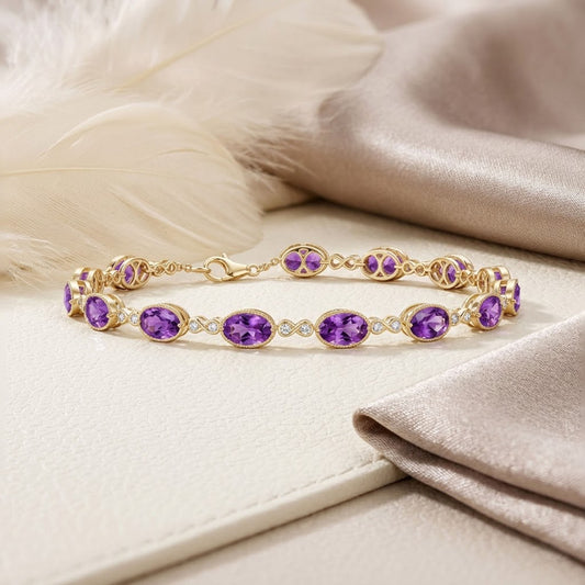 Natural Amethyst & Moissanite Link Bracelet – Purple Gemstone Jewelry for Women