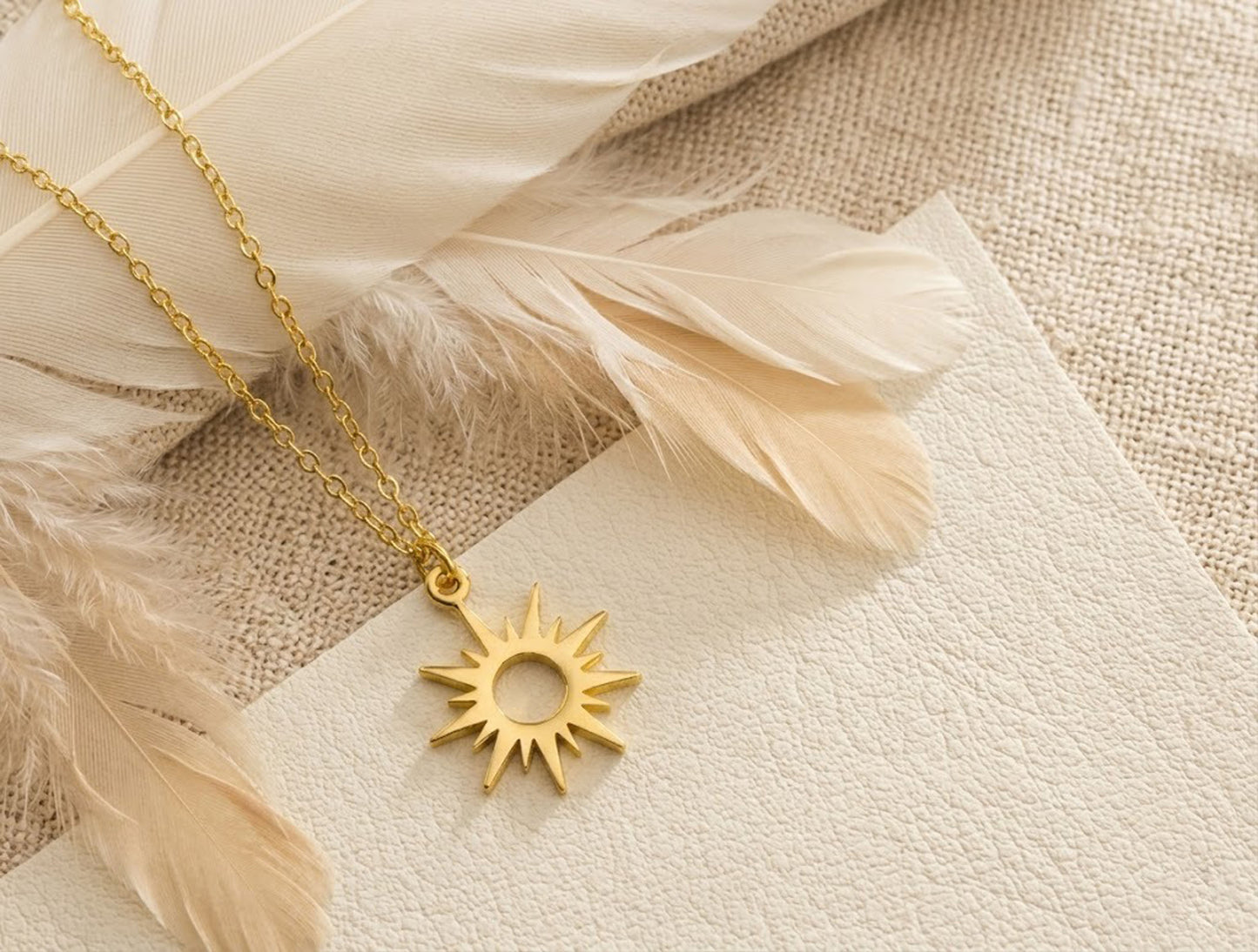 14K Gold Sunburst Necklace – Minimalist Celestial Sun Pendant