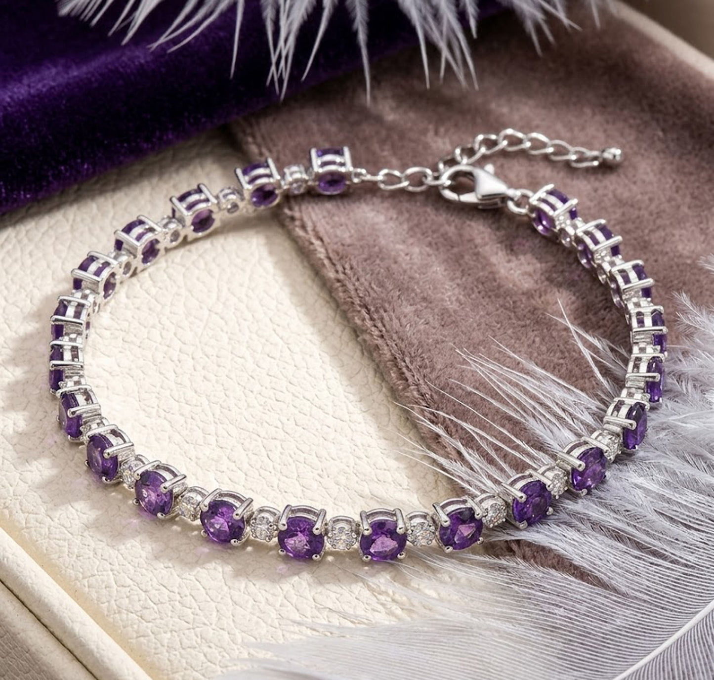 Natural Amethyst & Moissanite Tennis Bracelet – Handmade Gemstone Jewelry for Women