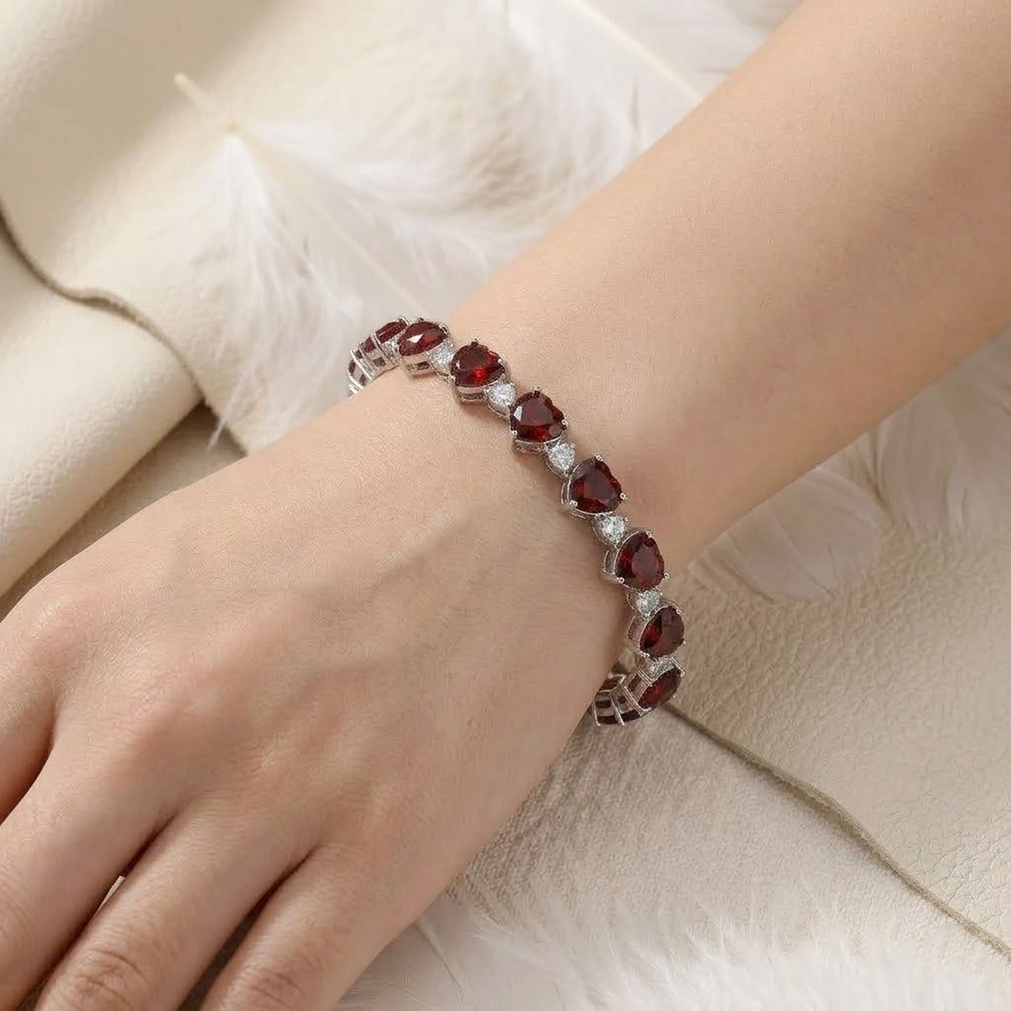 Natural Garnet & Moissanite Heart Bracelet – Romantic Red Gemstone Tennis Bracelet