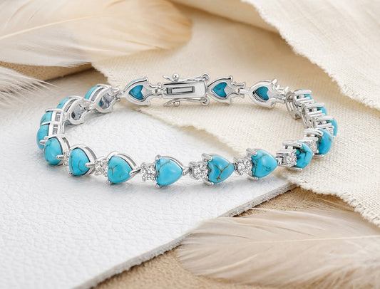 Natural Turquoise & Moissanite Heart Tennis Bracelet – Handmade Gemstone Jewelry for Women