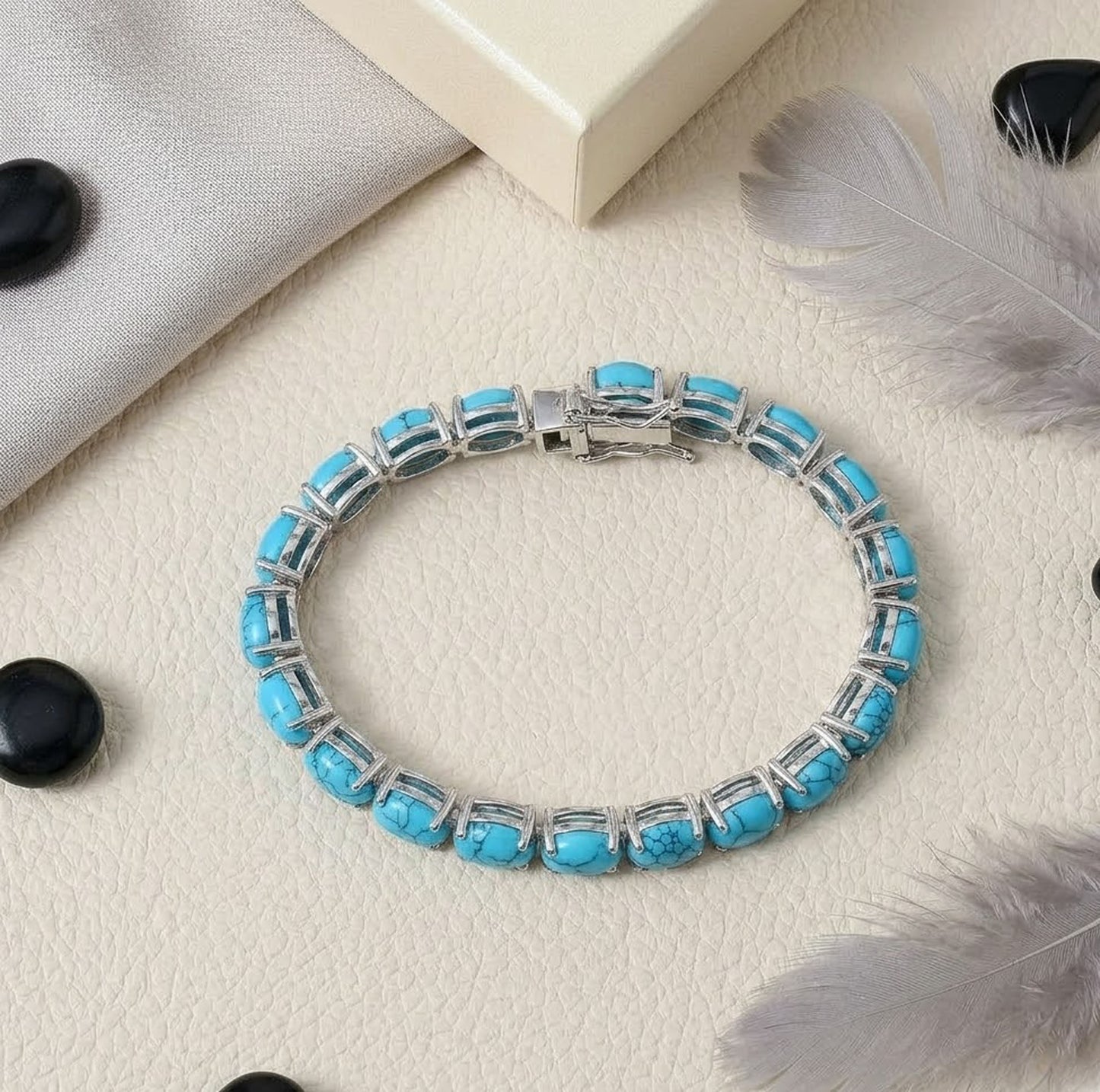 Natural Turquoise Tennis Bracelet – Handmade Gemstone Link Bracelet for Women