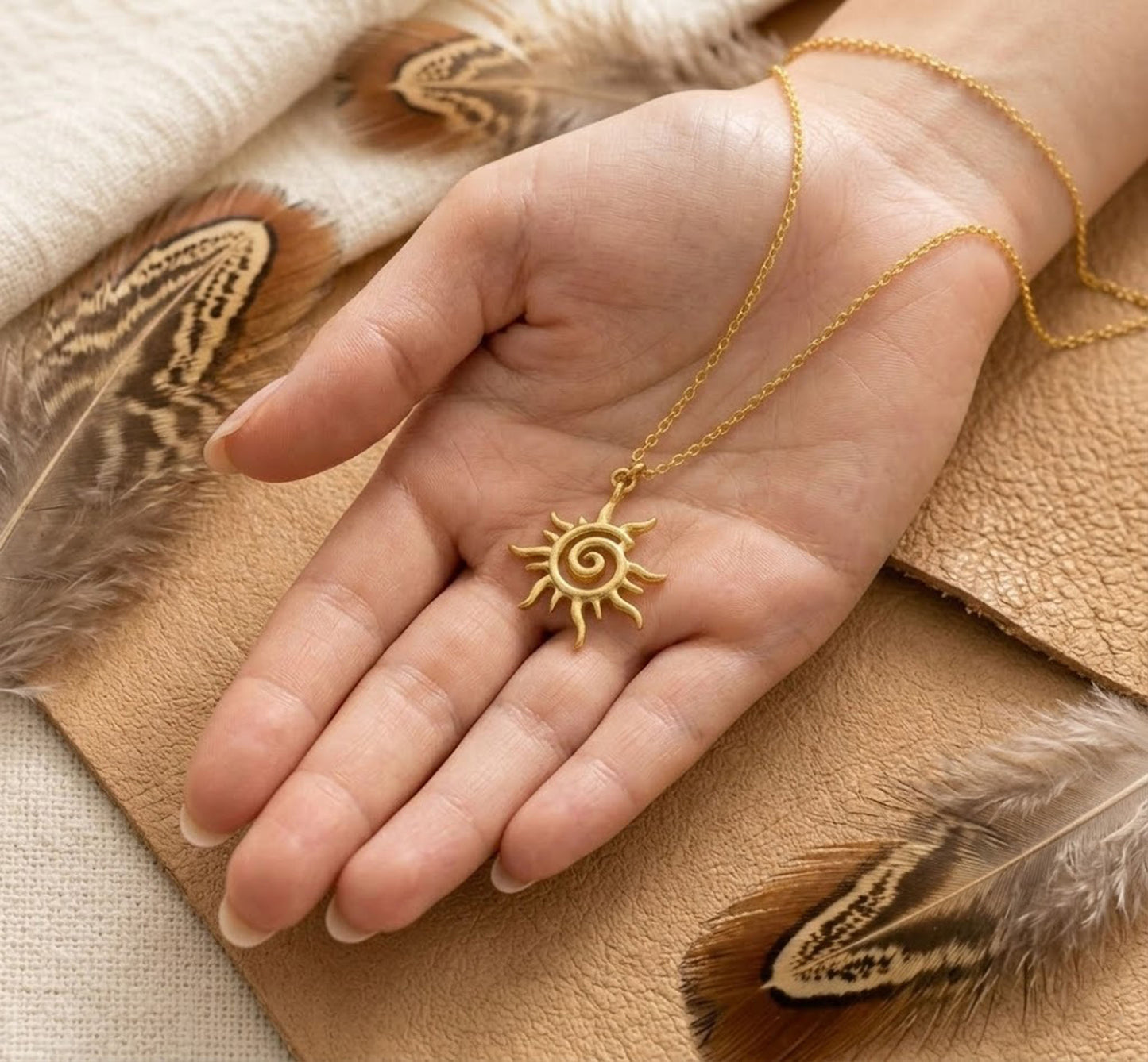Handmade 18K Gold Spiral Sun Necklace – Minimalist Celestial Pendant for Women