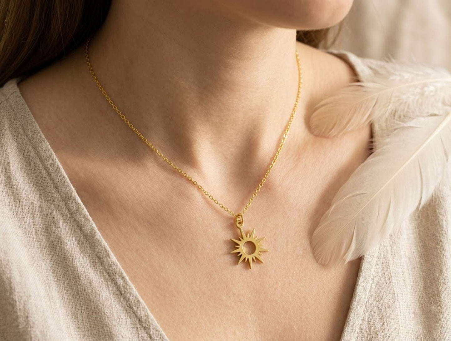 14K Gold Sunburst Necklace – Minimalist Celestial Sun Pendant