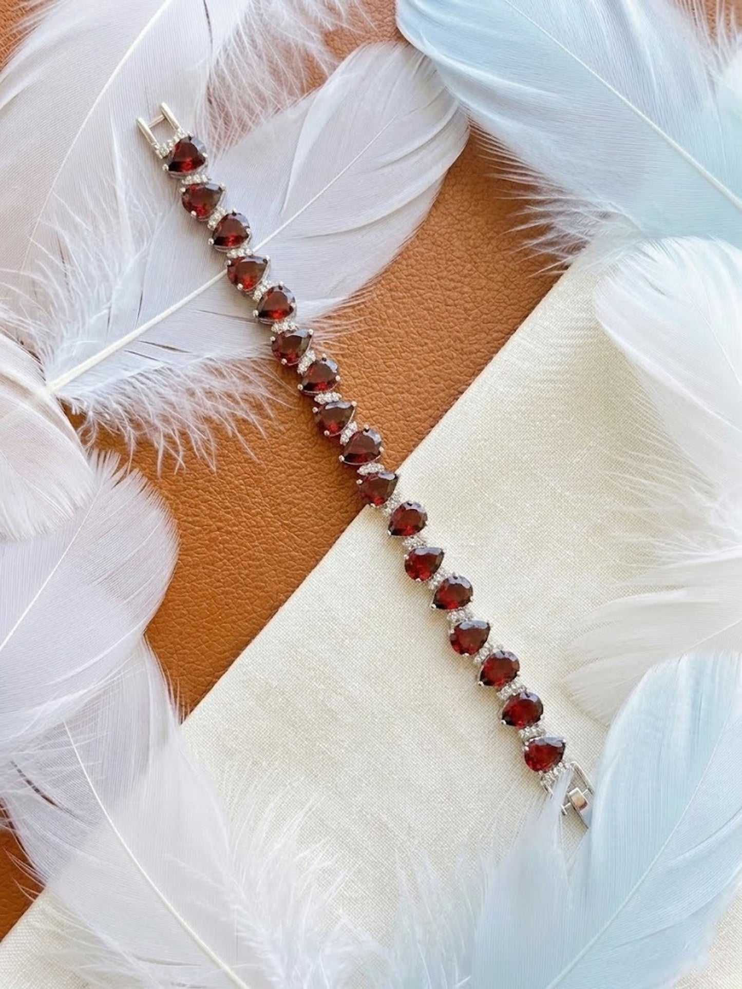 Natural Red Garnet & Moissanite Bracelet – Pear Cut Teardrop Tennis Bracelet for Women