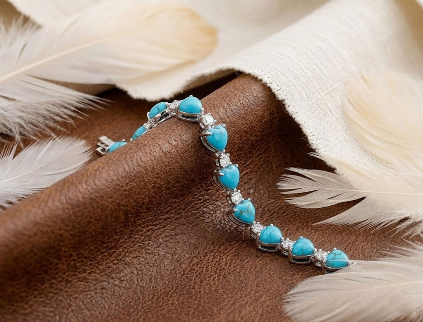 Natural Turquoise & Moissanite Heart Tennis Bracelet – Handmade Gemstone Jewelry for Women