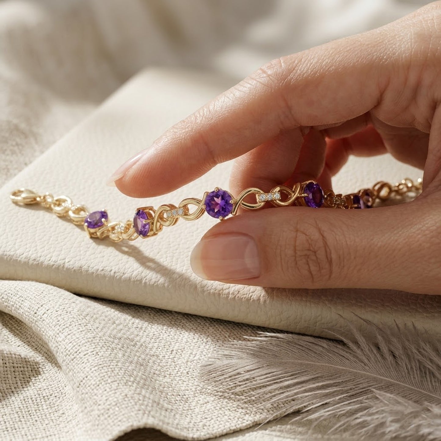 Natural Amethyst & Moissanite Infinity Link Bracelet – Elegant Gemstone Jewelry for Women