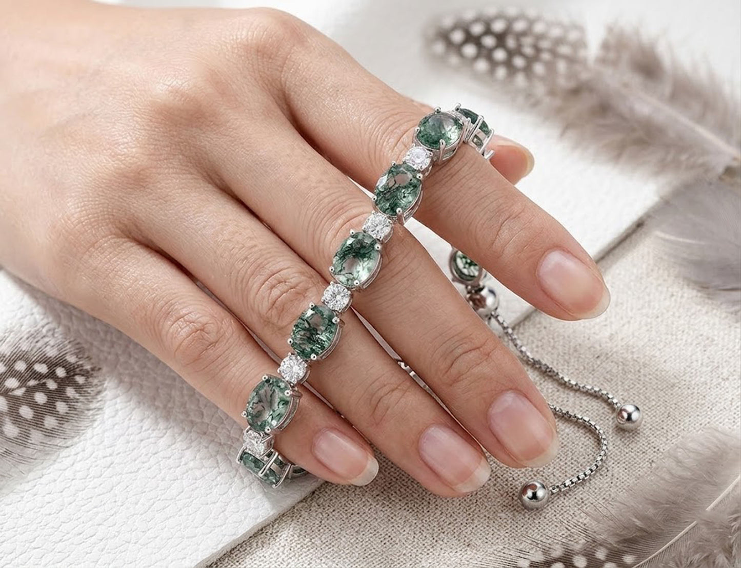 Natural Moss Agate & Moissanite Bolo Bracelet – Handmade Adjustable Green Gemstone Bracelet for Women