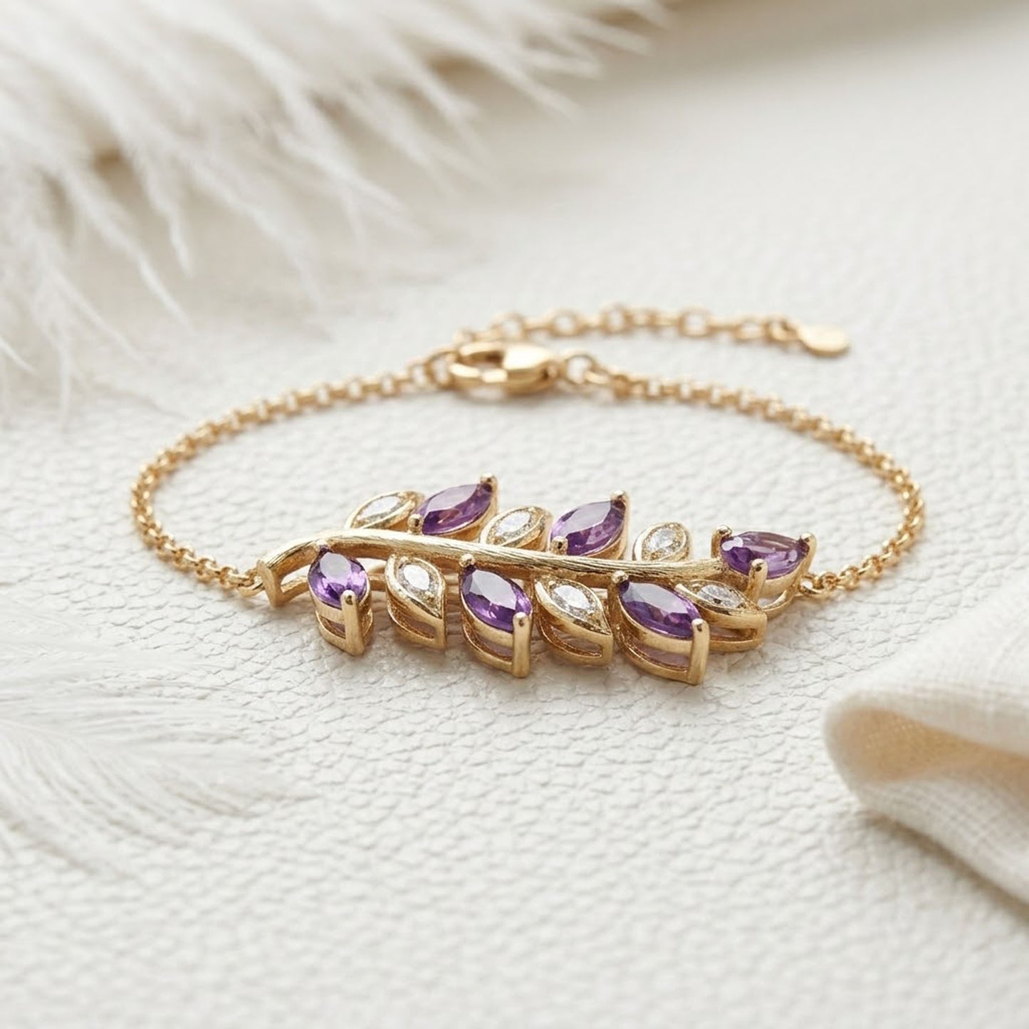 Natural Amethyst & Moissanite Leaf Bracelet – Olive Branch Gemstone Jewelry for Women