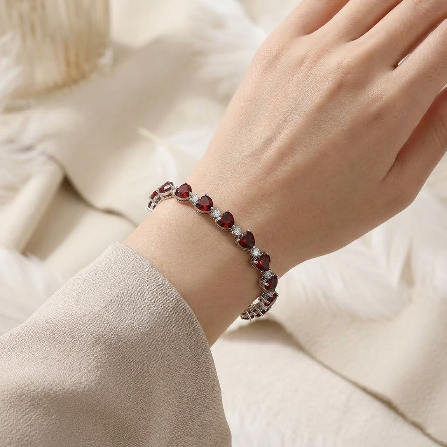 Natural Garnet & Moissanite Heart Bracelet – Romantic Red Gemstone Tennis Bracelet