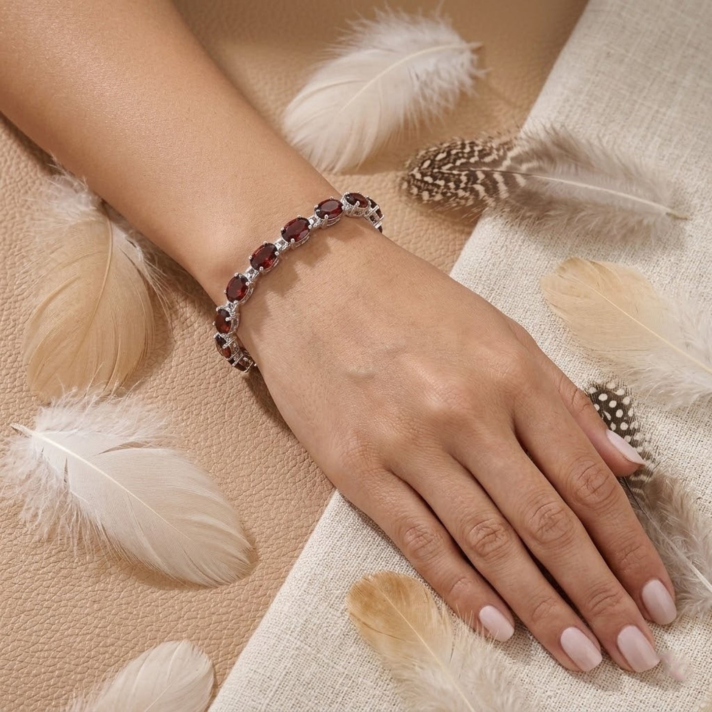 Natural Garnet Oval Tennis Bracelet in 925 Sterling Silver – Handmade Red Gemstone Jewelry