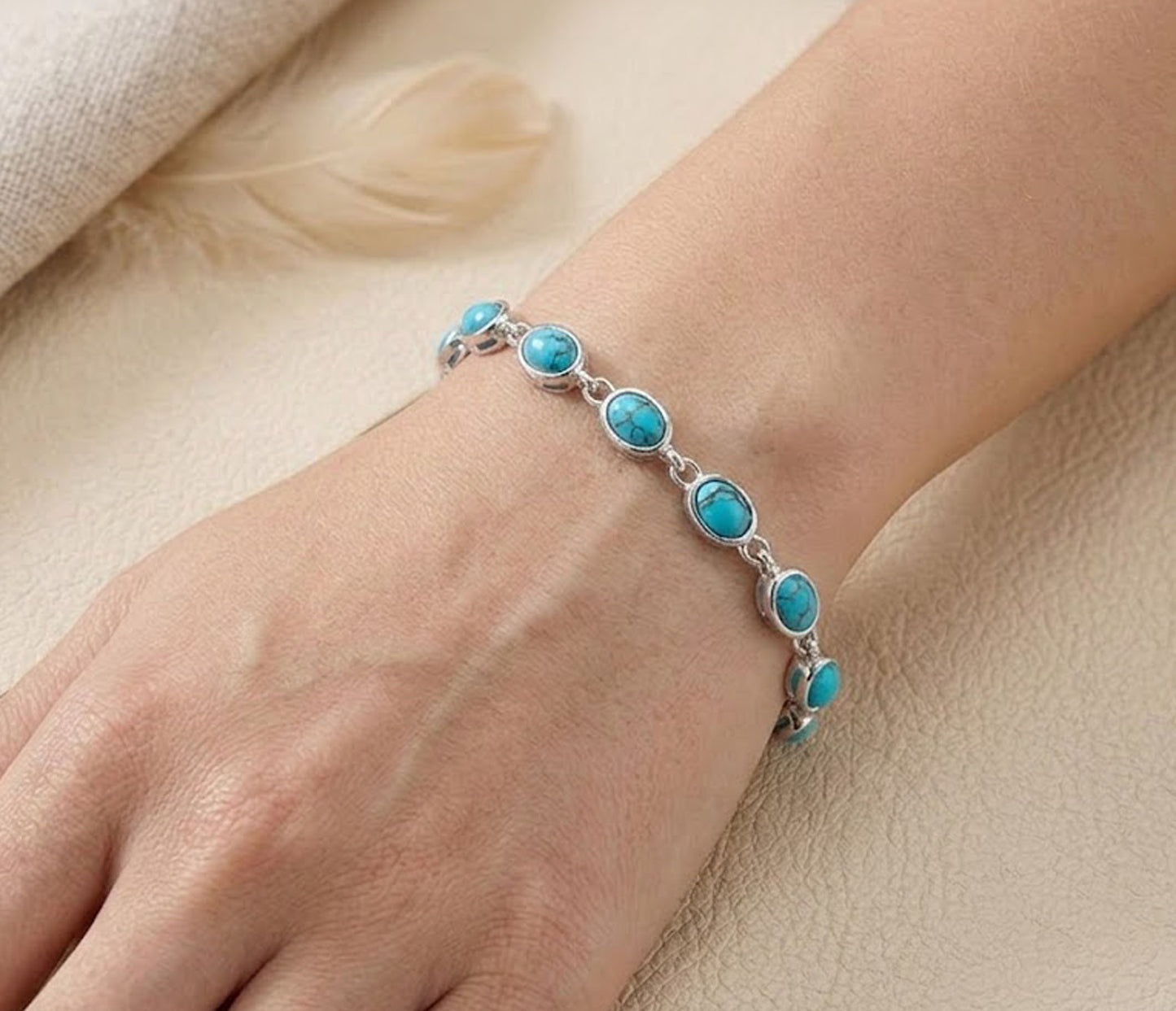 Natural Turquoise Tennis Bracelet – Handmade Gemstone Link Bracelet for Women