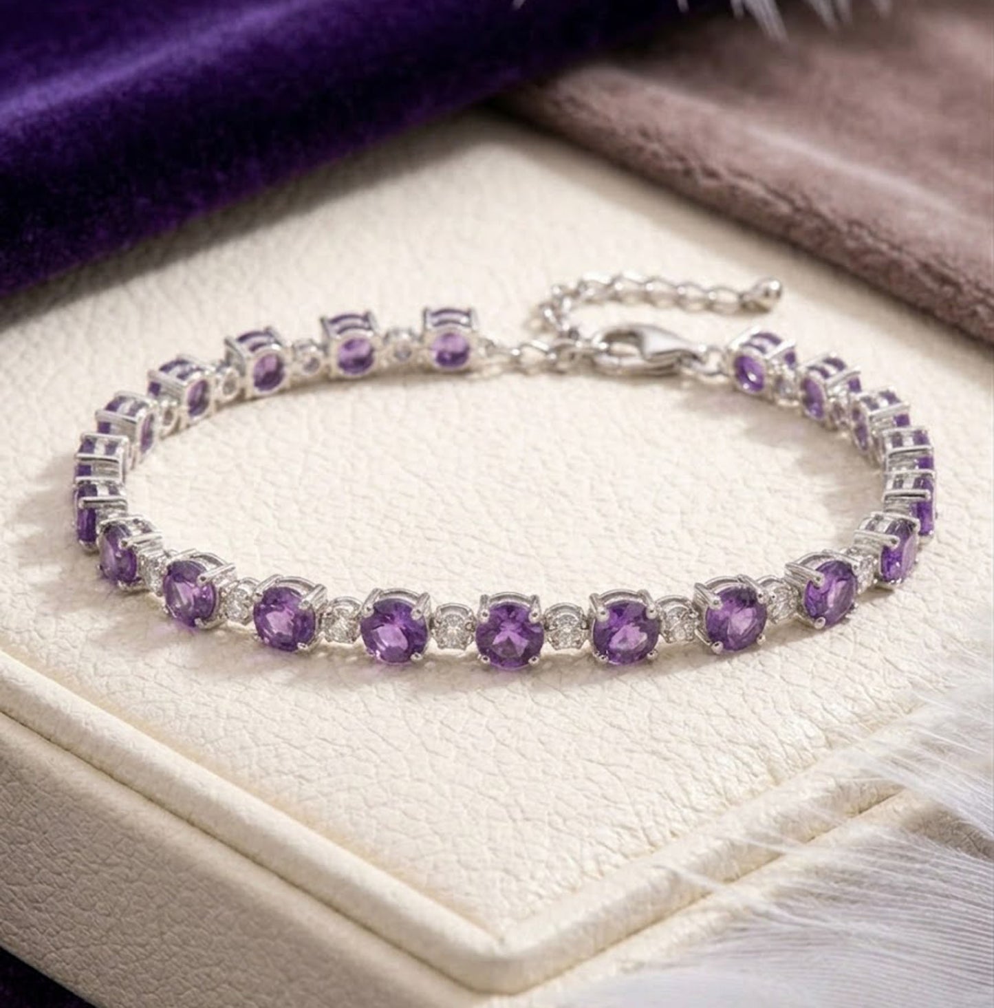 Natural Amethyst & Moissanite Tennis Bracelet – Handmade Gemstone Jewelry for Women