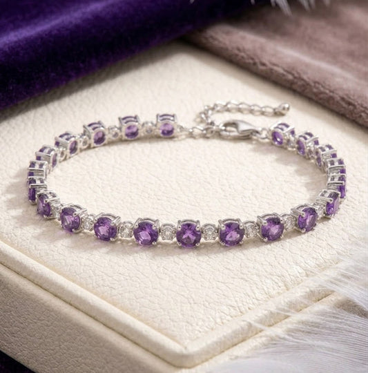 Natural Amethyst & Moissanite Tennis Bracelet – Handmade Gemstone Jewelry for Women