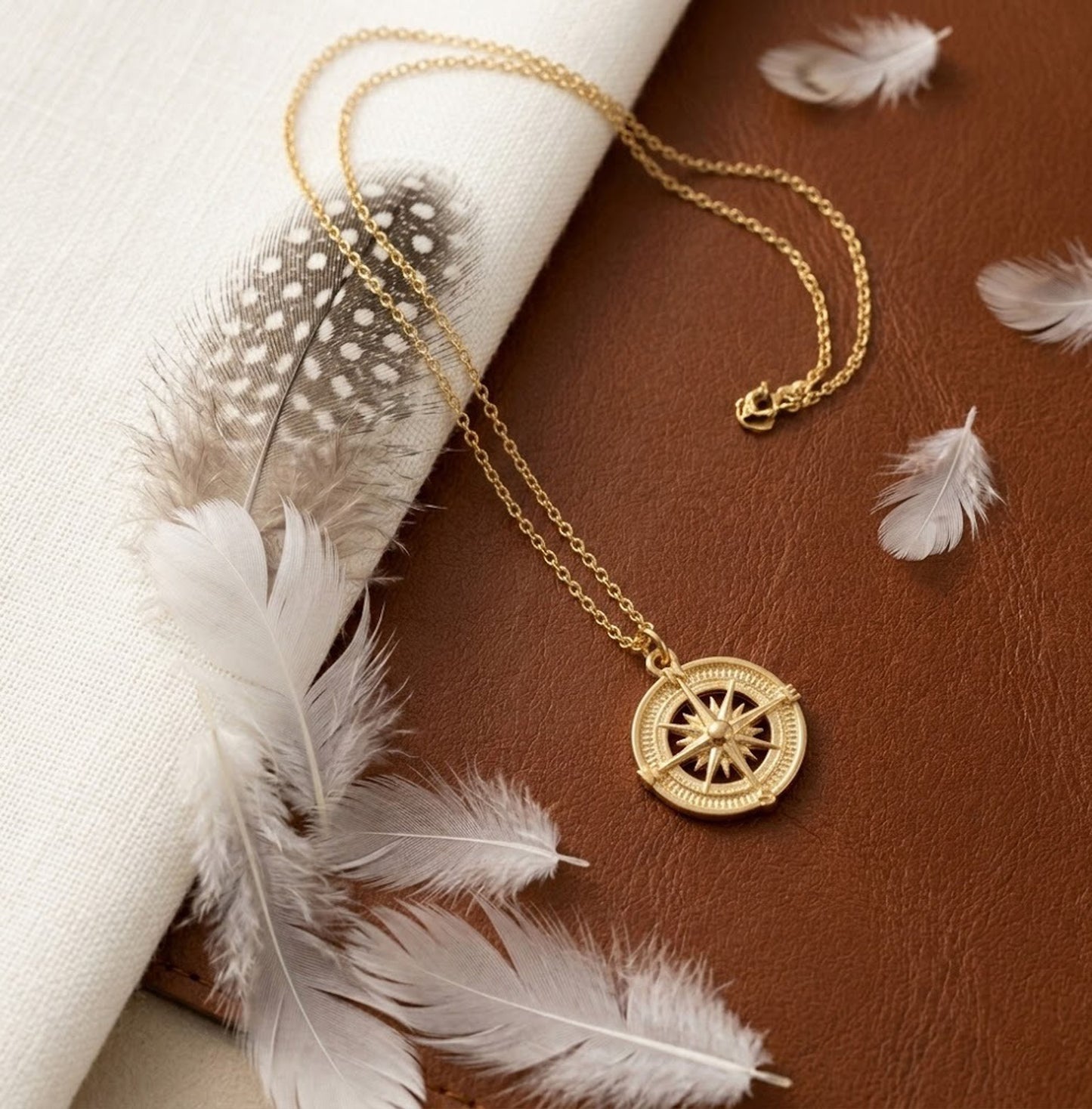 Handmade 18K Gold Compass Necklace – Vintage Nautical Medallion Pendant for Women