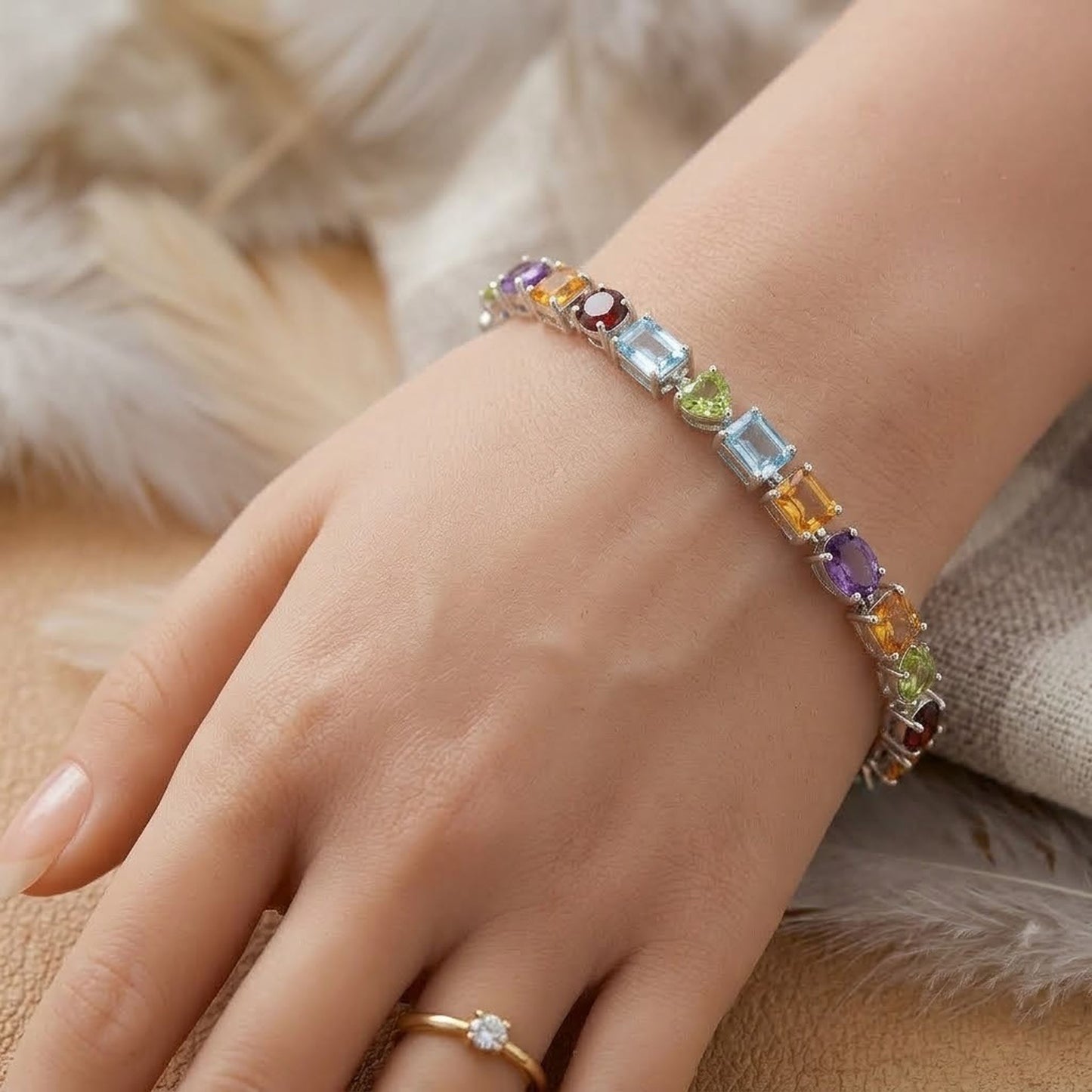 Natural Multi Gemstone Link Bracelet – Handmade Multi-Shape Colorful Jewelry