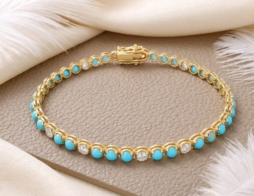 Natural Turquoise & Moissanite Tennis Bracelet – Handmade Gemstone Link Bracelet for Women