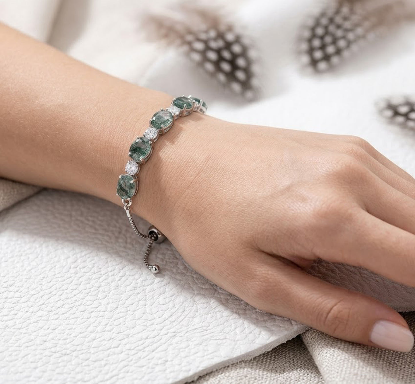 Natural Moss Agate & Moissanite Bolo Bracelet – Handmade Adjustable Green Gemstone Bracelet for Women