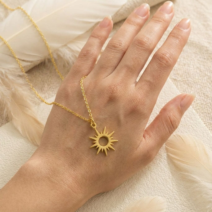14K Gold Sunburst Necklace – Minimalist Celestial Sun Pendant