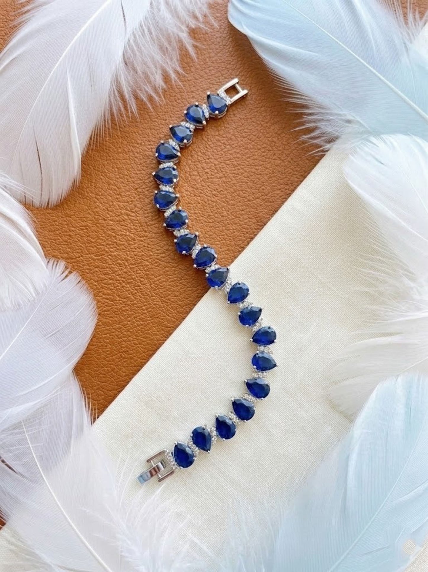 Natural Blue Sapphire & Moissanite Bracelet – Pear Cut Tennis Bracelet for Women