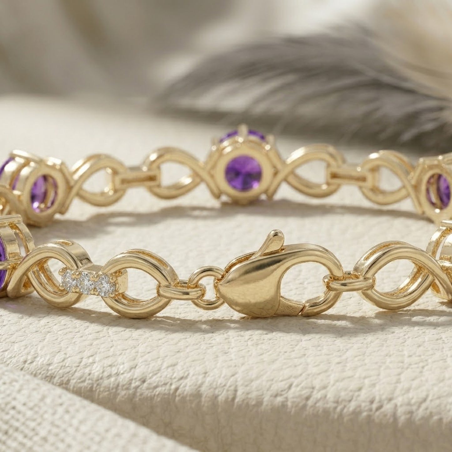 Natural Amethyst & Moissanite Infinity Link Bracelet – Elegant Gemstone Jewelry for Women