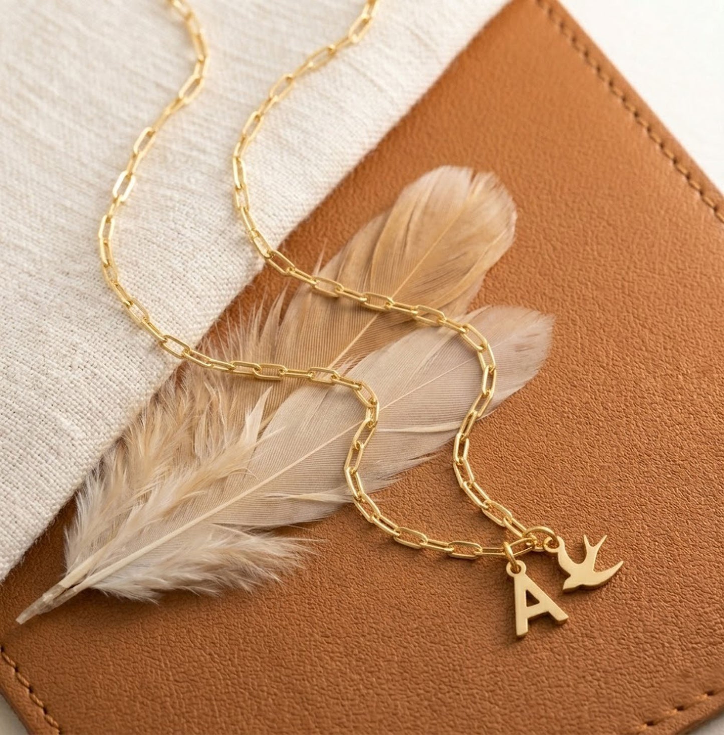 Handmade 18K Gold Initial A Bird Necklace – Personalized Swallow Pendant for Women