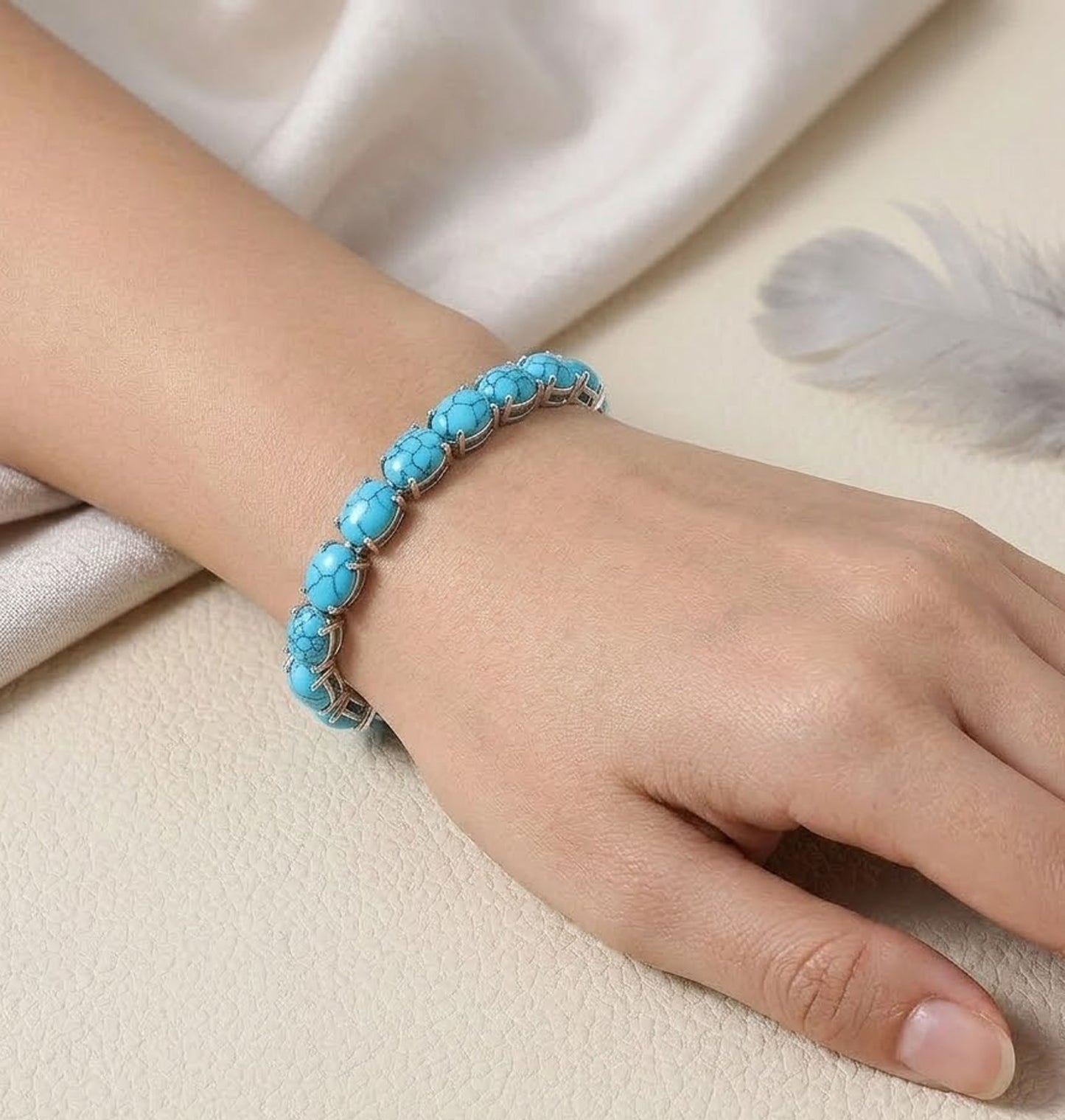Natural Turquoise Tennis Bracelet – Handmade Gemstone Link Bracelet for Women