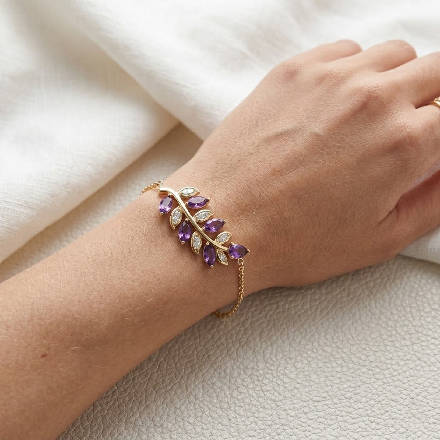Natural Amethyst & Moissanite Leaf Bracelet – Olive Branch Gemstone Jewelry for Women