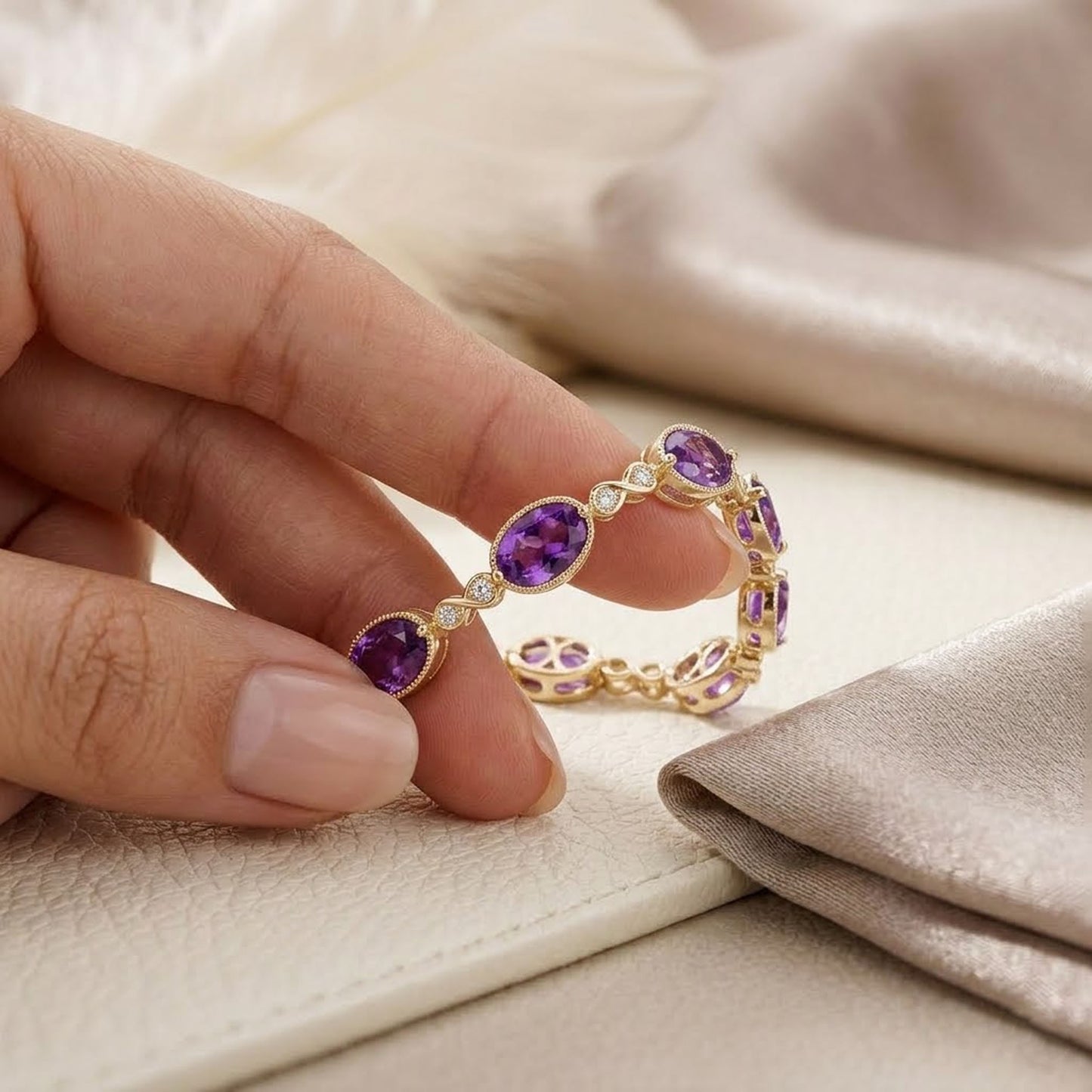 Natural Amethyst & Moissanite Link Bracelet – Purple Gemstone Jewelry for Women