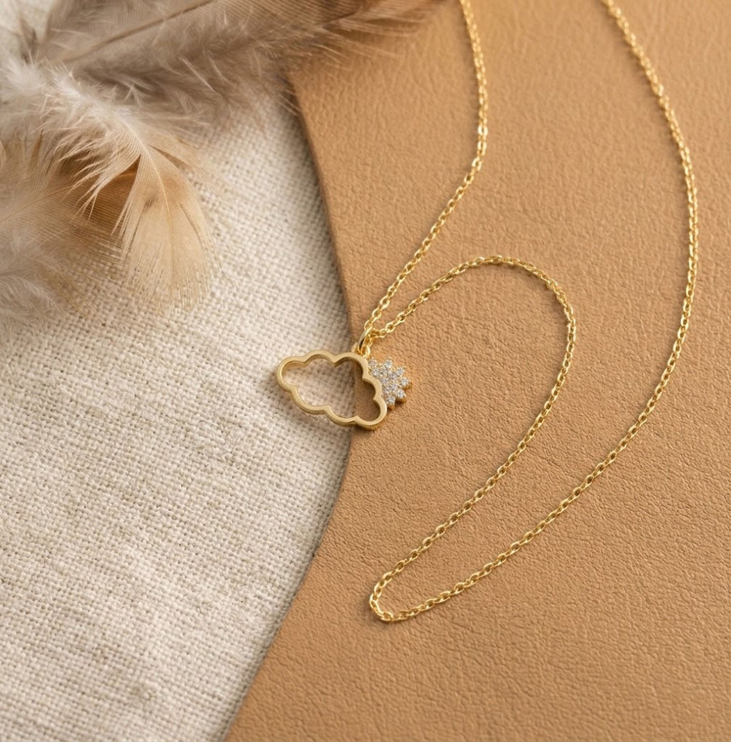Handmade 18K Gold Sun & Cloud Moissanite Necklace – Dainty Celestial Pendant for Women
