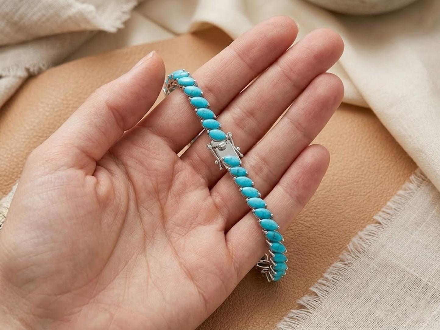 Natural Turquoise Marquise Tennis Bracelet – Leaf Design Gemstone Jewelry for Women