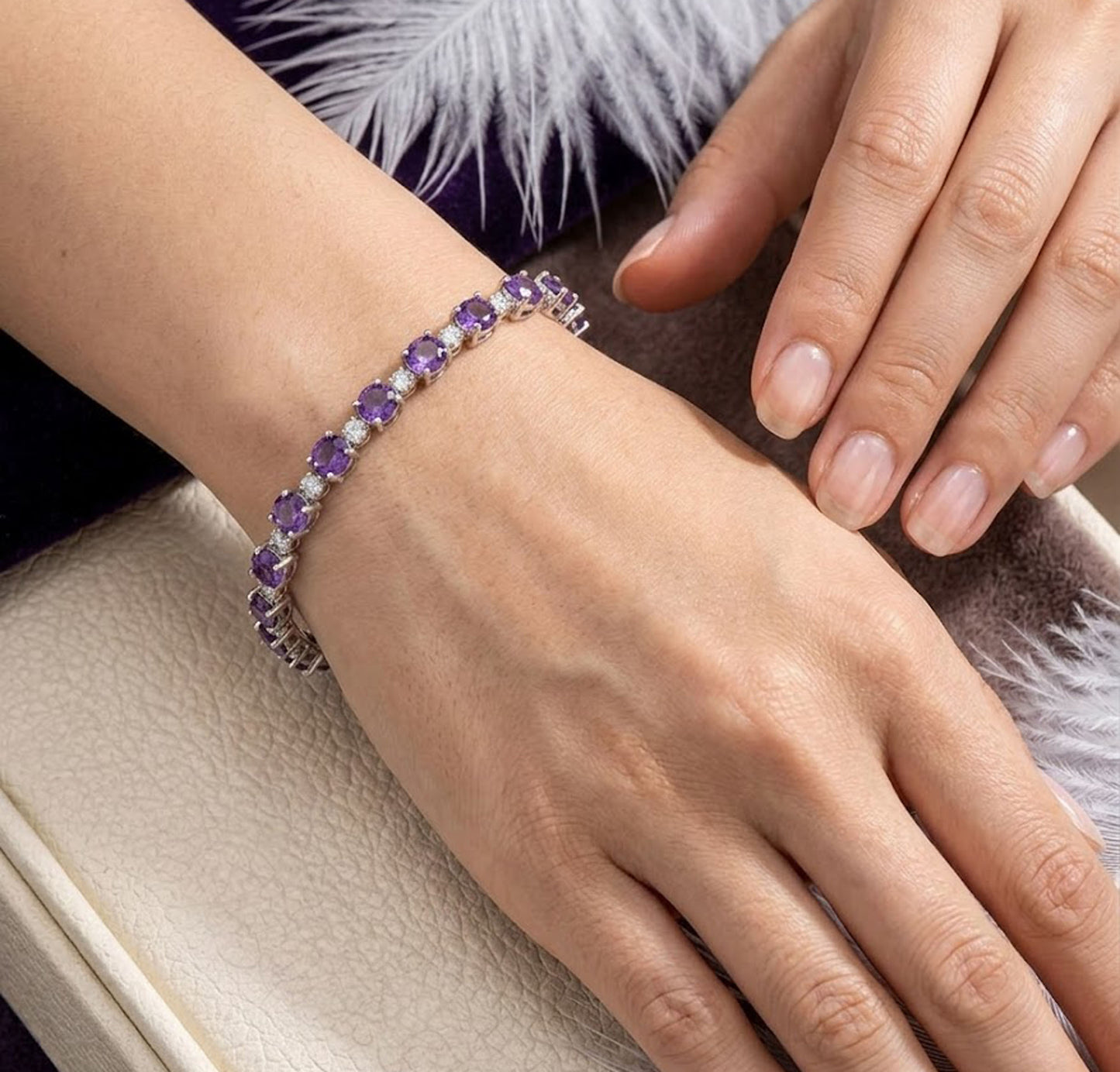 Natural Amethyst & Moissanite Tennis Bracelet – Handmade Gemstone Jewelry for Women