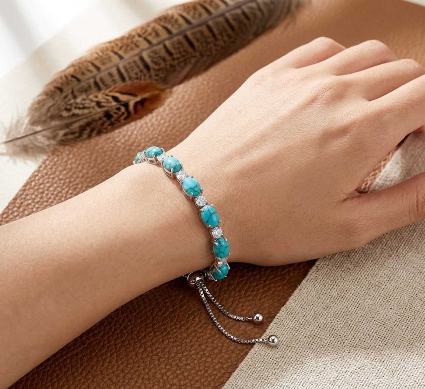 Natural Turquoise & Moissanite Bolo Bracelet – Adjustable Gemstone Bracelet for Women