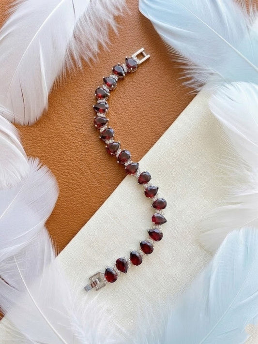 Natural Red Garnet & Moissanite Bracelet – Pear Cut Teardrop Tennis Bracelet for Women