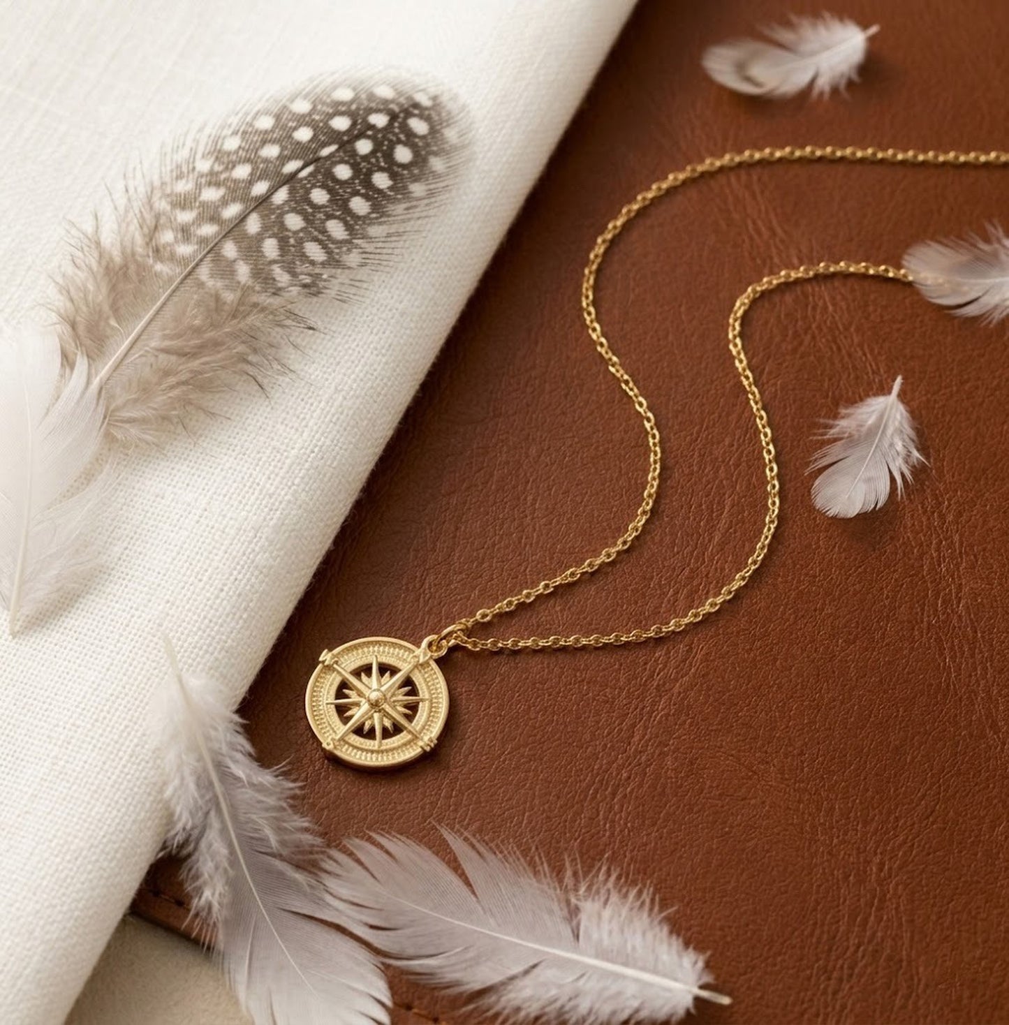 Handmade 18K Gold Compass Necklace – Vintage Nautical Medallion Pendant for Women