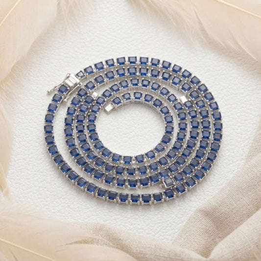 Natural Blue Sapphire Tennis Necklace – Princess Cut Gemstone Jewelry for Women