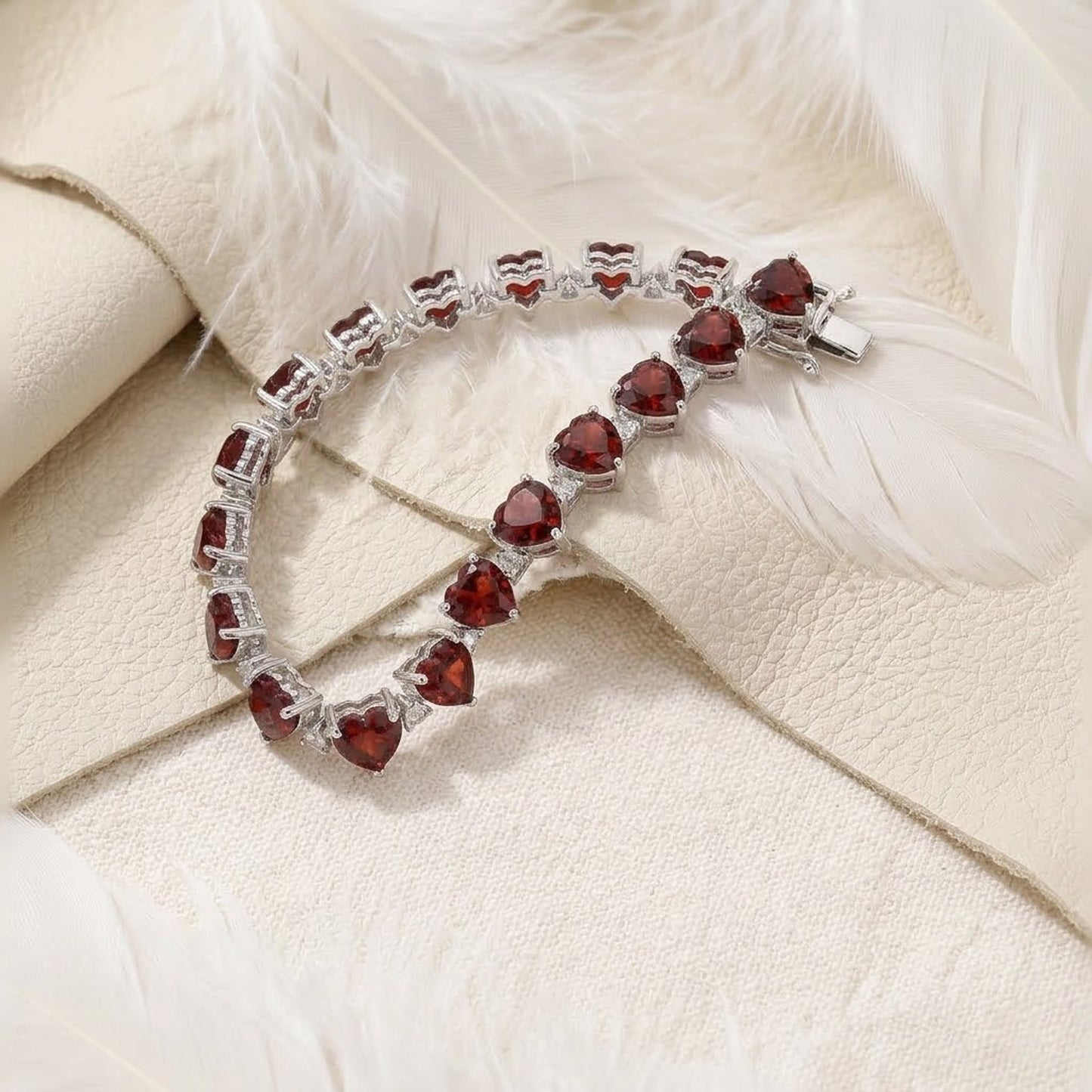 Natural Garnet & Moissanite Heart Bracelet – Romantic Red Gemstone Tennis Bracelet