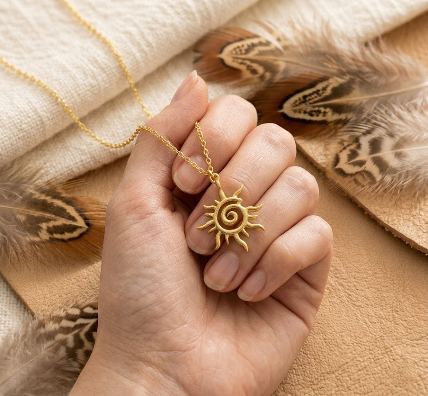 Handmade 18K Gold Spiral Sun Necklace – Minimalist Celestial Pendant for Women