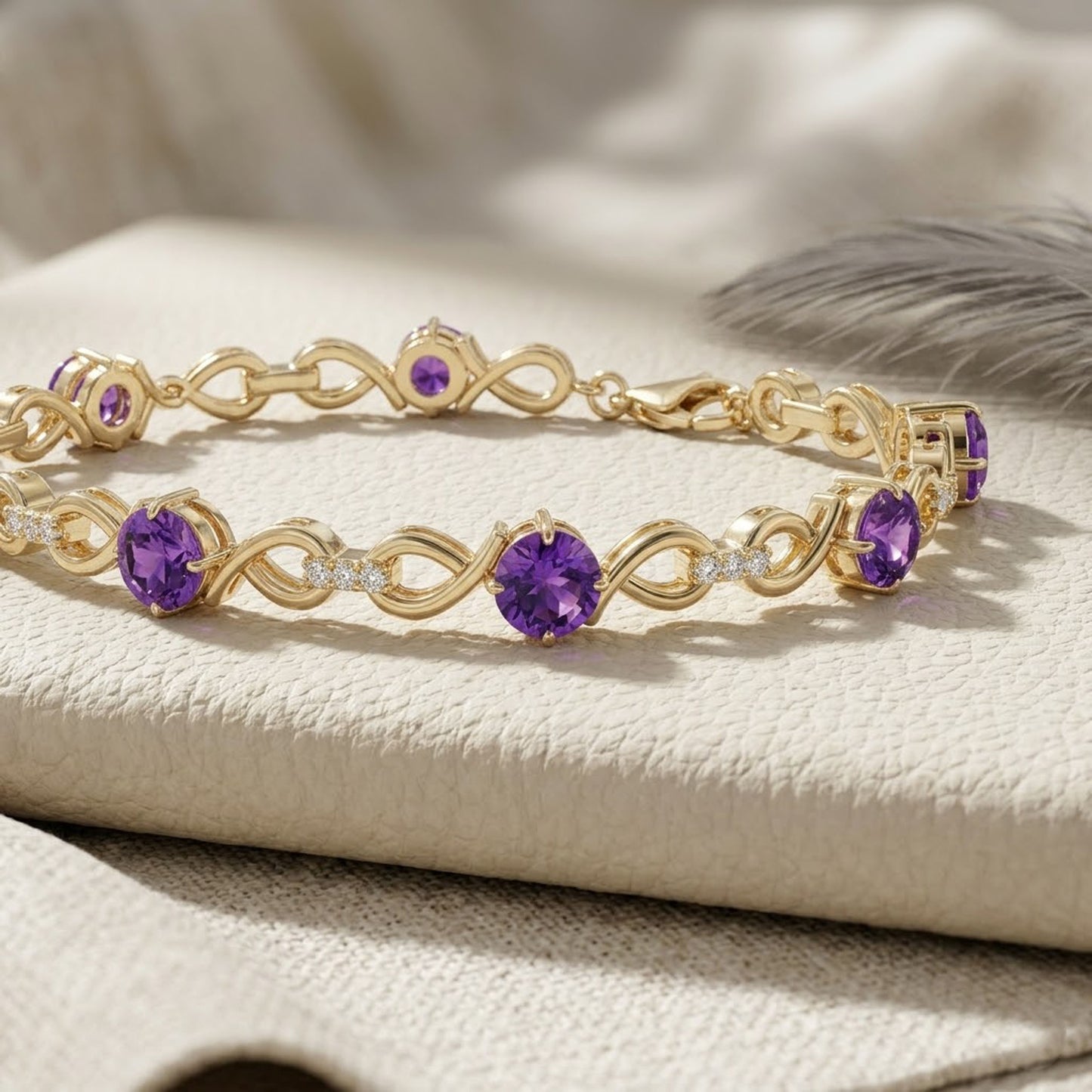 Natural Amethyst & Moissanite Infinity Link Bracelet – Elegant Gemstone Jewelry for Women