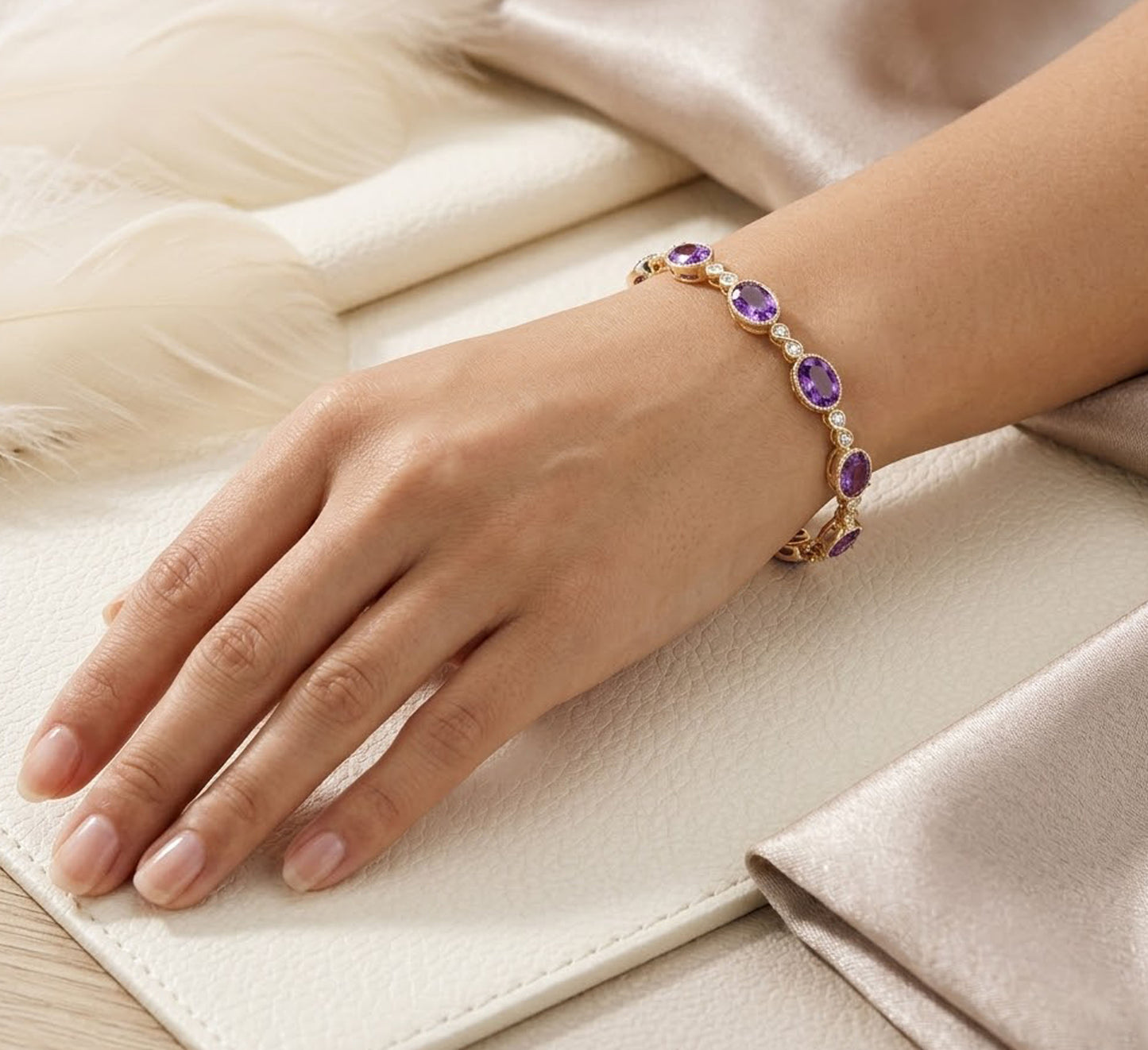 Natural Amethyst & Moissanite Link Bracelet – Purple Gemstone Jewelry for Women