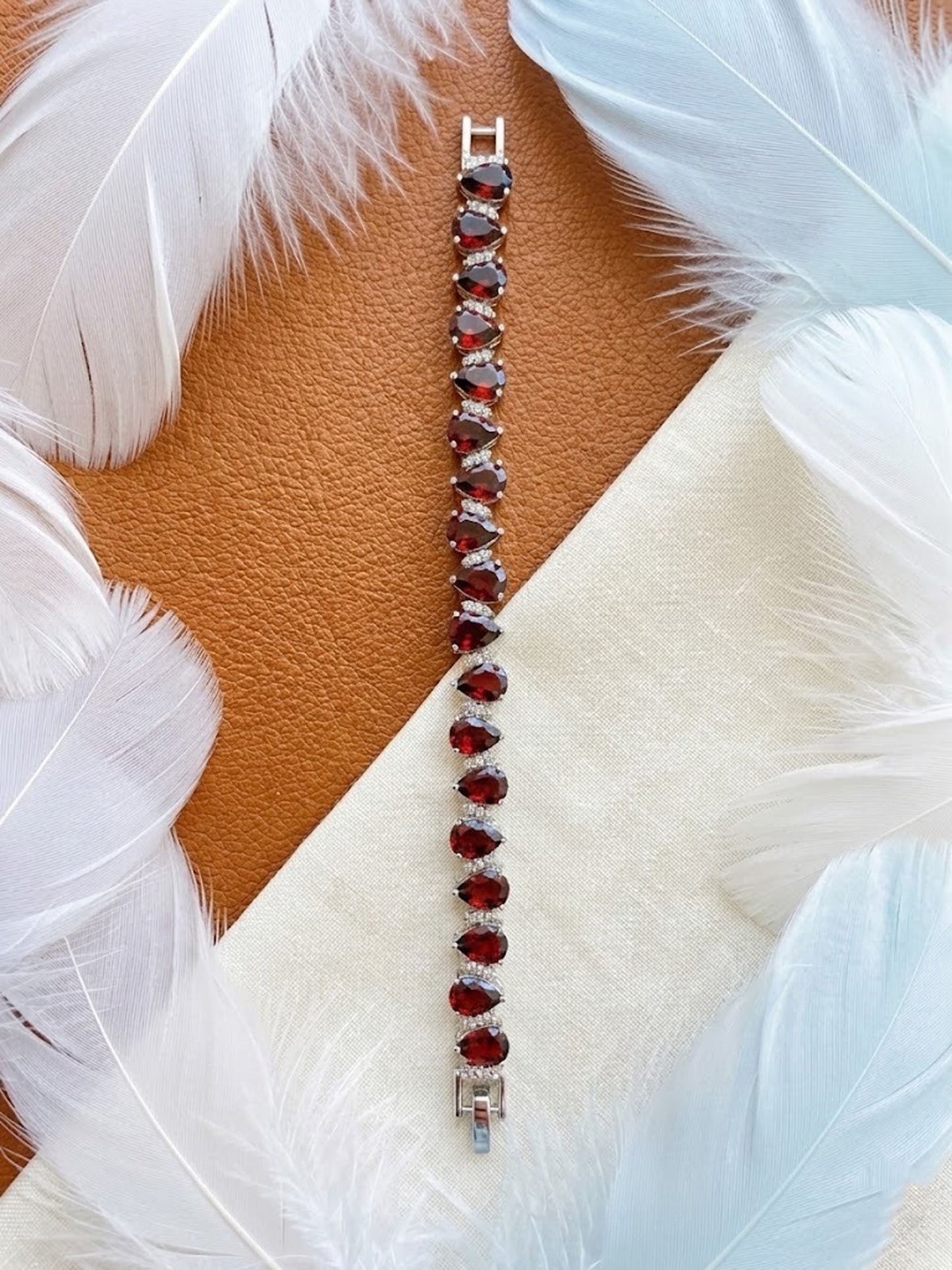 Natural Red Garnet & Moissanite Bracelet – Pear Cut Teardrop Tennis Bracelet for Women