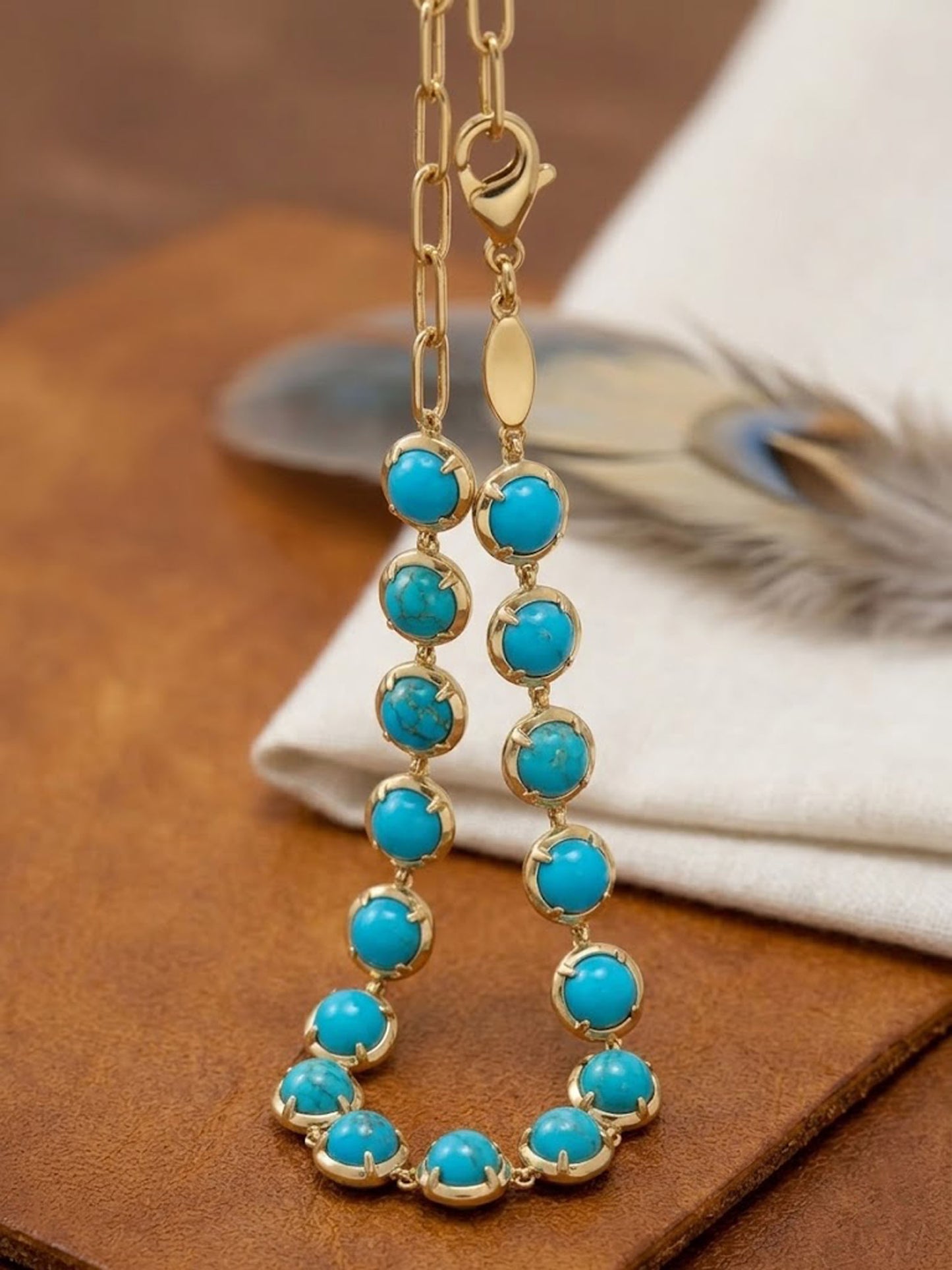 Natural Turquoise Tennis Bracelet – Handmade Round Gemstone Link Bracelet for Women